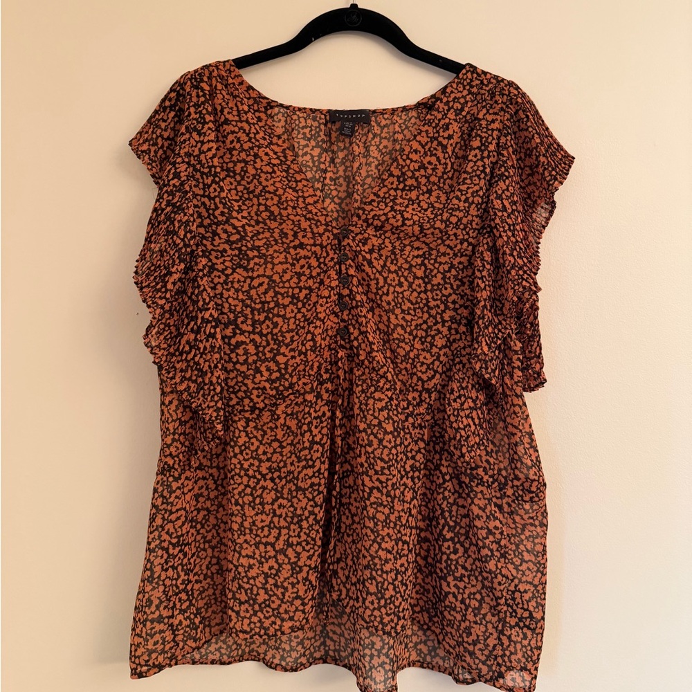 Topshop Coral and Black Patterned Blouse